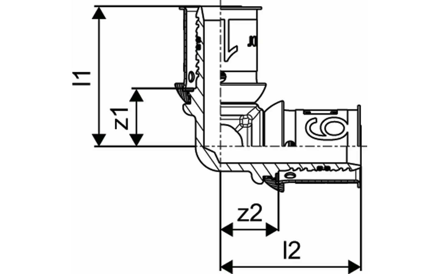 Schnittansicht eines Uponor S-Press PLUS Winkels mit zwei Anschlussmöglichkeiten. Die technischen Maße und Details sind schematisch dargestellt.
