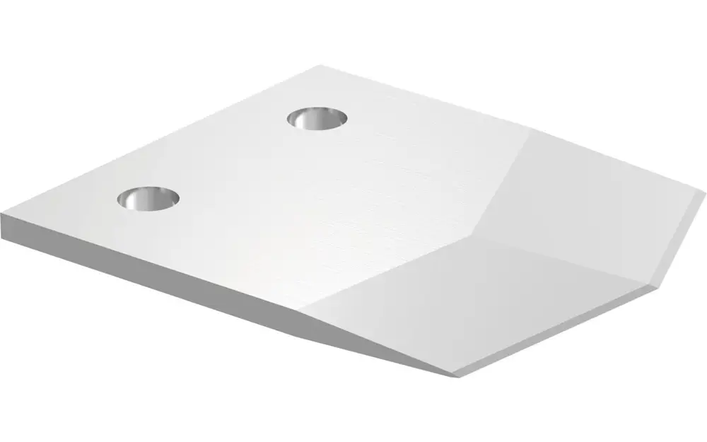 Ersatzklinge aus Metall mit zwei runden Löchern zur Befestigung, geeignet für Geräte von Uponor. Flache, schräg abgeschnittene Kante.