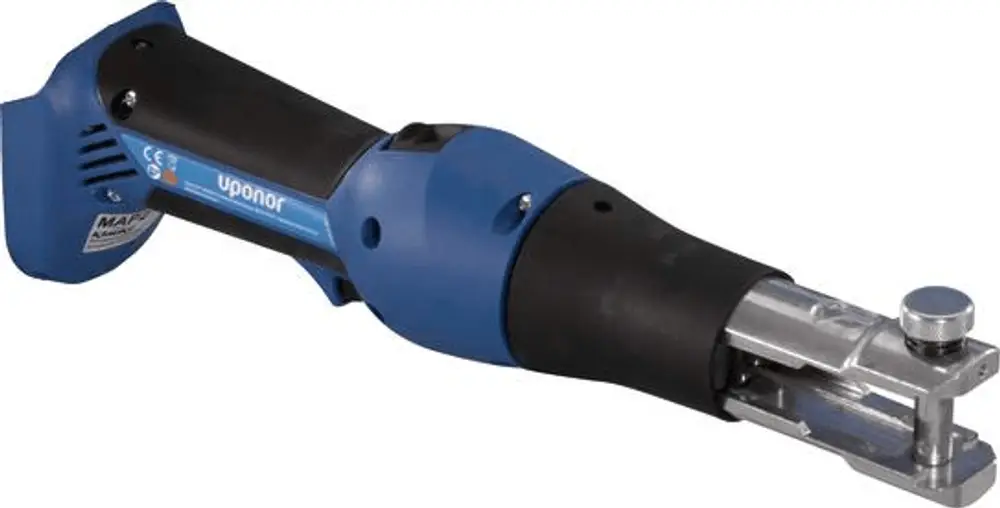 Akkumaschine von Uponor mit ergonomischem Design und Blaufärbung, ausgestattet mit einem Containerausgang und einer Halterung.