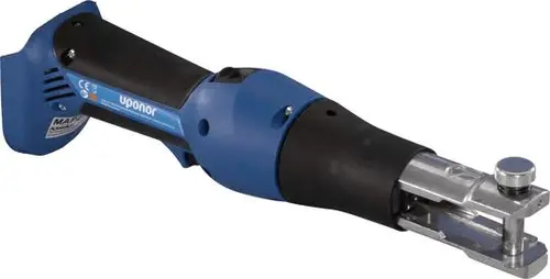 Akkumaschine von Uponor mit ergonomischem Design und Blaufärbung, ausgestattet mit einem Containerausgang und einer Halterung.