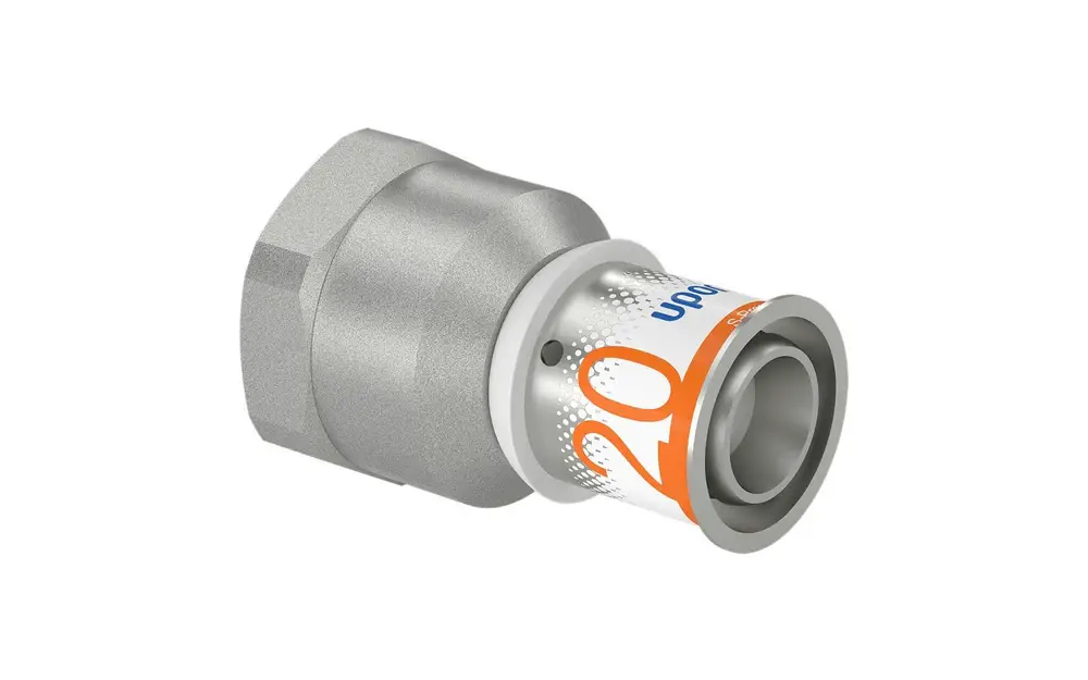 Übergangsmuffe aus Metall für Rohrverbindungen, mit Uponor-Logo, einseitig mit Gewinde, einseitig mit glatter Öffnung.