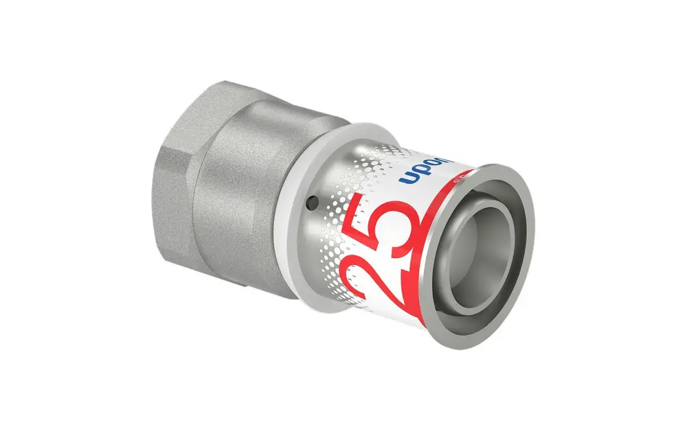 Übergangsmuffe aus Metall mit Anschluss für Rohrsysteme. Das Produkt ist von Uponor und dient zur Verbindung von verschiedenen Rohrarten.