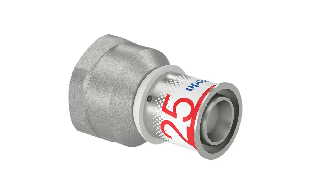 Übergangsmuffe aus Metall mit Uponor-Logo, geeignet für Rohrverbindungen. Die Produktbildung zeigt eine glatte Innenfläche und eine feste Außengeometrie.