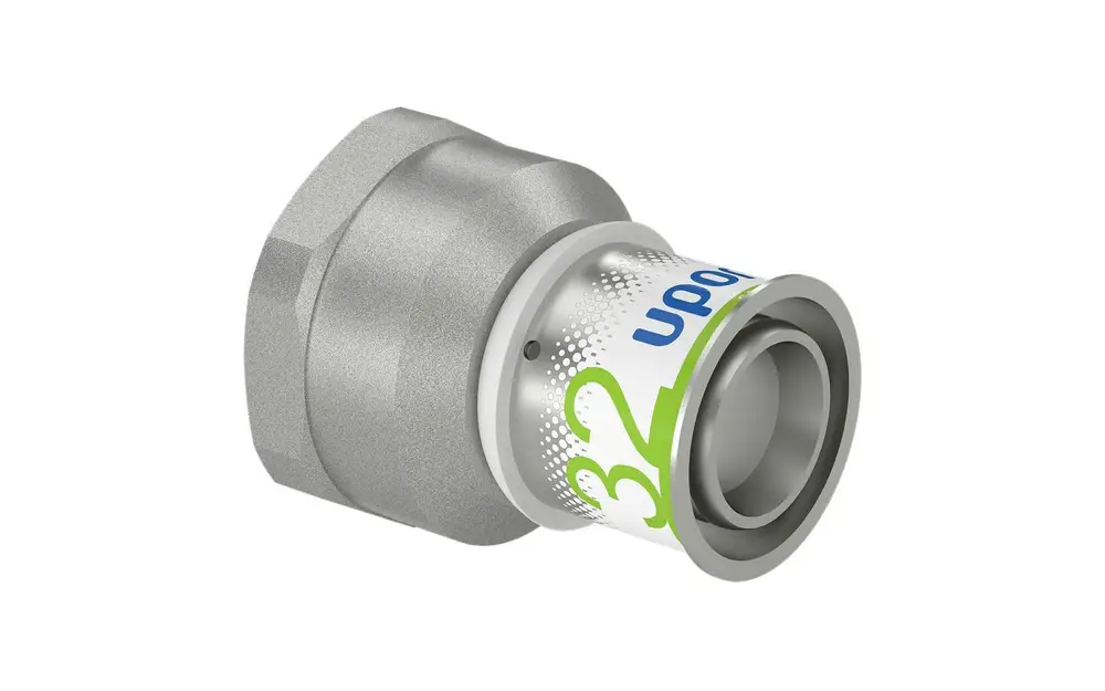 Übergangsmuffe aus Metall mit einem Aufdruck der Marke Uponor. Das Produkt zeigt eine Anschlussöffnung für die Verbindung von Rohren.