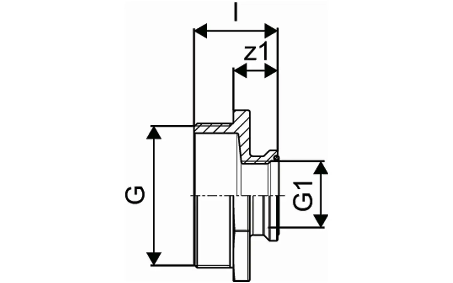 Wipex Reduzierung in G1-Standard mit geschlitztem Design, abgebildet in einer schematischen Skizze. Teil von Uponor Produkten für Rohrleitungssysteme.