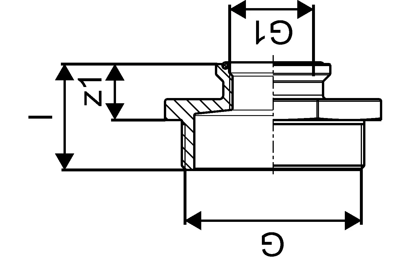 Uponor Reduzierung in schmaler Form, mit verschiedenen Durchmessern und Gewindeanpassungen, geeignet für Rohrsysteme. Technische Zeichnung zeigt Maße und Form.