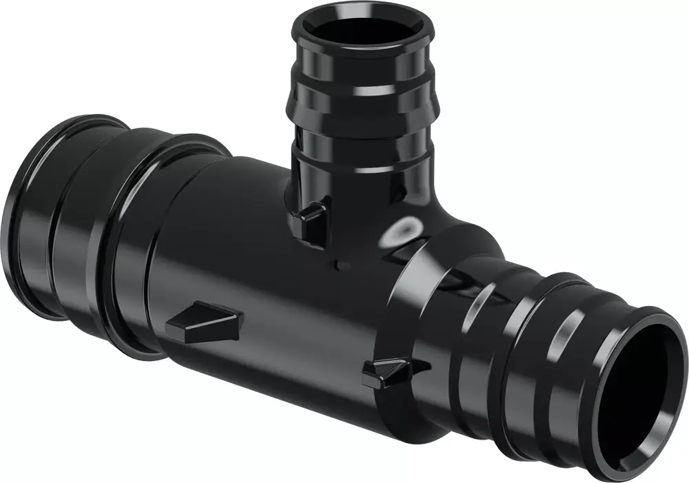 T-Stück aus schwarzem Kunststoff mit zwei Anschlussöffnungen und einer reduzierten dritten Öffnung. Produkt von Uponor.