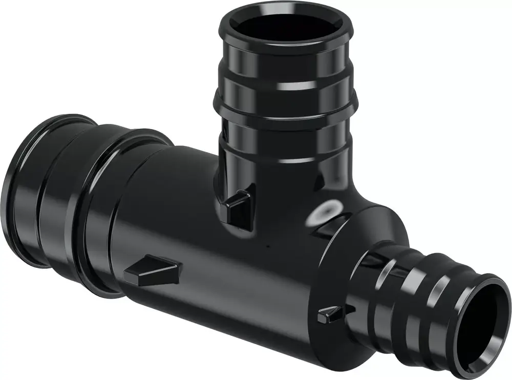 Schwarzes T-Stück aus PPSU für Rohrverbindungen. Wirkt stabil und zuverlässig. Geeignet für Anwendungen in der Haustechnik. Von der Marke Uponor.