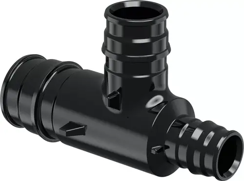 Schwarzes T-Stück aus PPSU für Rohrverbindungen. Wirkt stabil und zuverlässig. Geeignet für Anwendungen in der Haustechnik. Von der Marke Uponor.