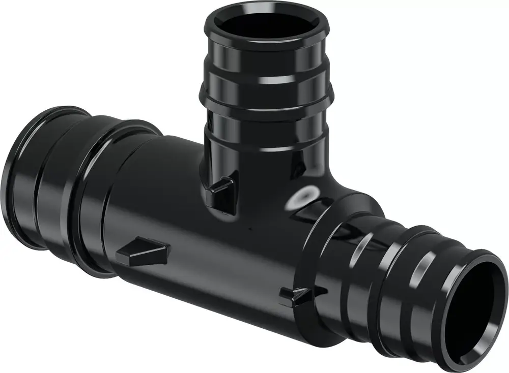 Schwarzes Reduzier-T-Stück aus PPSU mit drei Anschlussöffnungen. Ein Teil ist für einen größeren Durchmesser und zwei für kleinere vorgesehen. Produkt von Uponor.