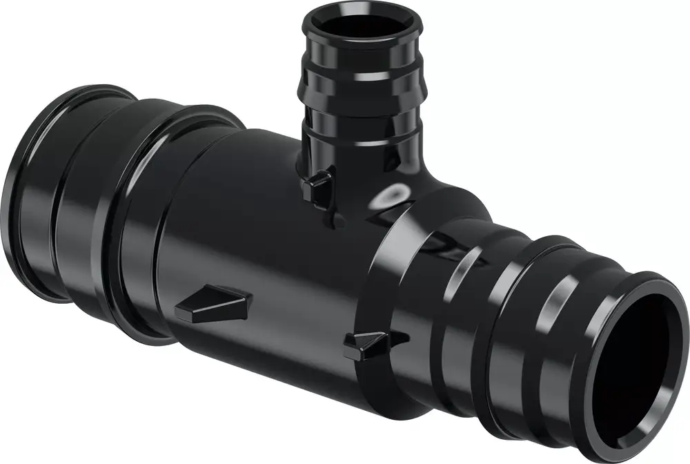 Schwarzes T-Stück aus PPSU von Uponor mit zwei Druckanbindungen und einer reduzierten Anschlussmöglichkeit, ideal für Rohrinstallation.