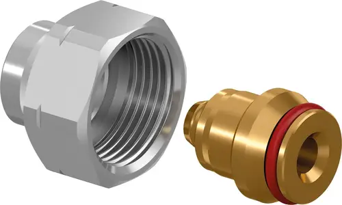 Zwei Komponenten einer Verschraubung: ein silberner, nach außen gewindeter Halter und ein goldfarbener, genieteter Anschluss mit rotem Dichtungsring. Produkte von Uponor.