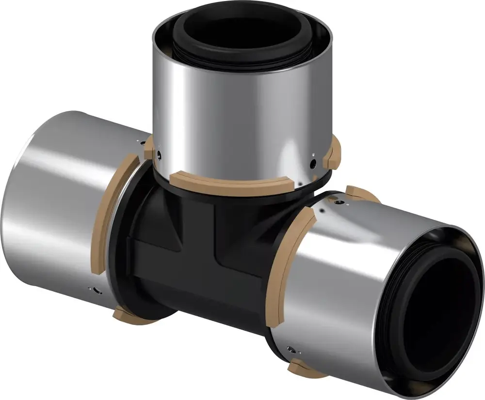 Verbund T-Stück aus PPSU mit metallischen Verbindungen. Das Produkt ist für die Installation von Uponor-Systemen konzipiert und hat drei Anschlüsse.