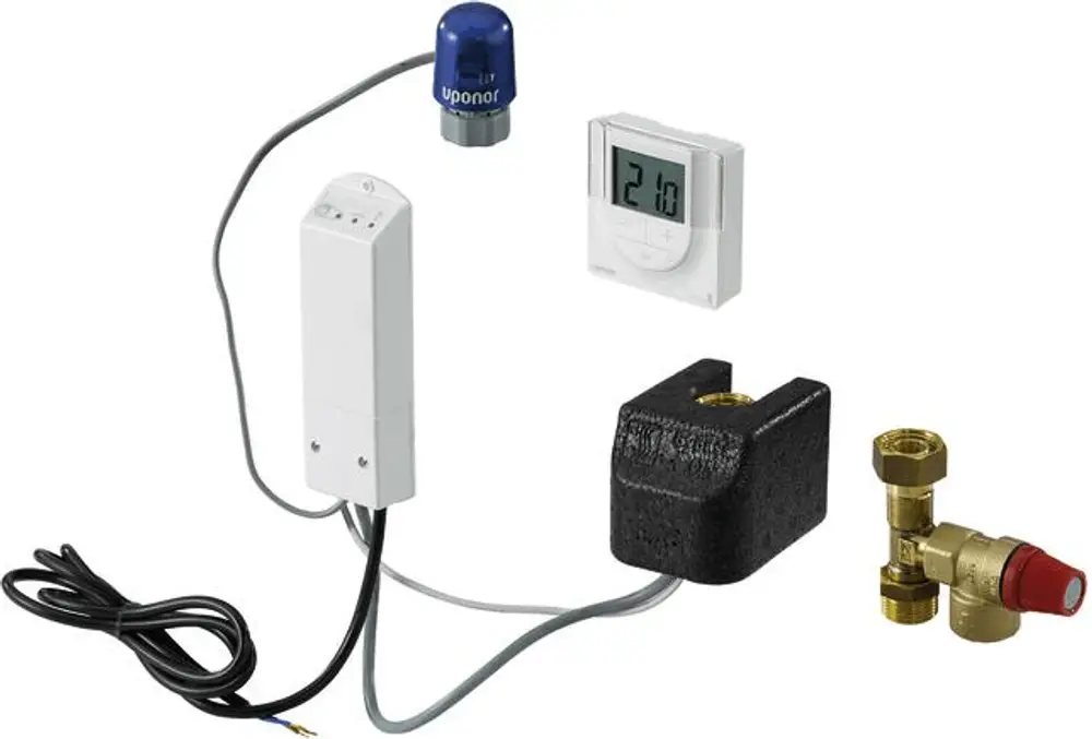 Flussreguliereinheit von Uponor mit Steuergerät, Temperaturfühler und Messgerät, verbunden durch Kabel, sowie einem Messanschluss für Heizungsanwendungen.