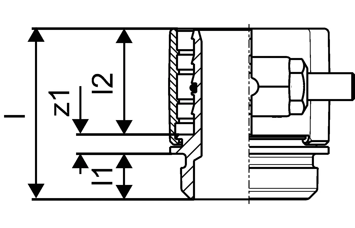 Schematische Darstellung eines Uponor Adapters mit markierten Maßen, Schnittansicht, Anordnung von Innenkomponenten und Anschlüssen auf der linken Seite.