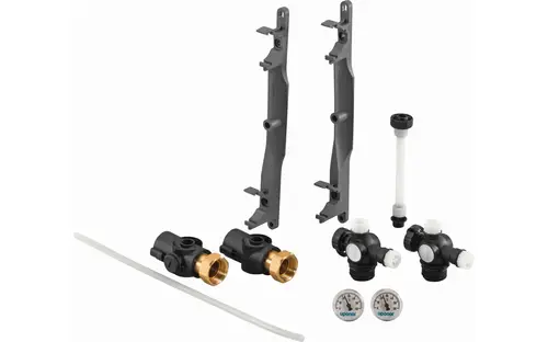 Bauteile für ein Verteiler-Set von Uponor, einschließlich Ventilen, Anschlüssen und Manometern, angeordnet auf einem weißen Hintergrund.