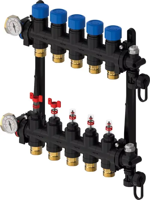 Uponor Verteiler mit mehreren Anschlüssen, einer Druckanzeige und Schraubventilen, zur Regelung von Flüssigkeitsströmen in Heizungsanlagen.