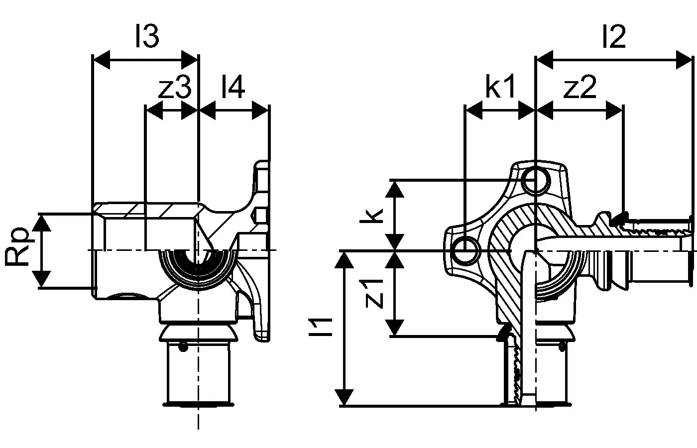 Schematische Darstellung einer doppelwandigen Verbindung mit verschiedenen Maßen. Der Artikel gehört zur Uponor S-Press PLUS Produktreihe für Heizungsinstallationen.