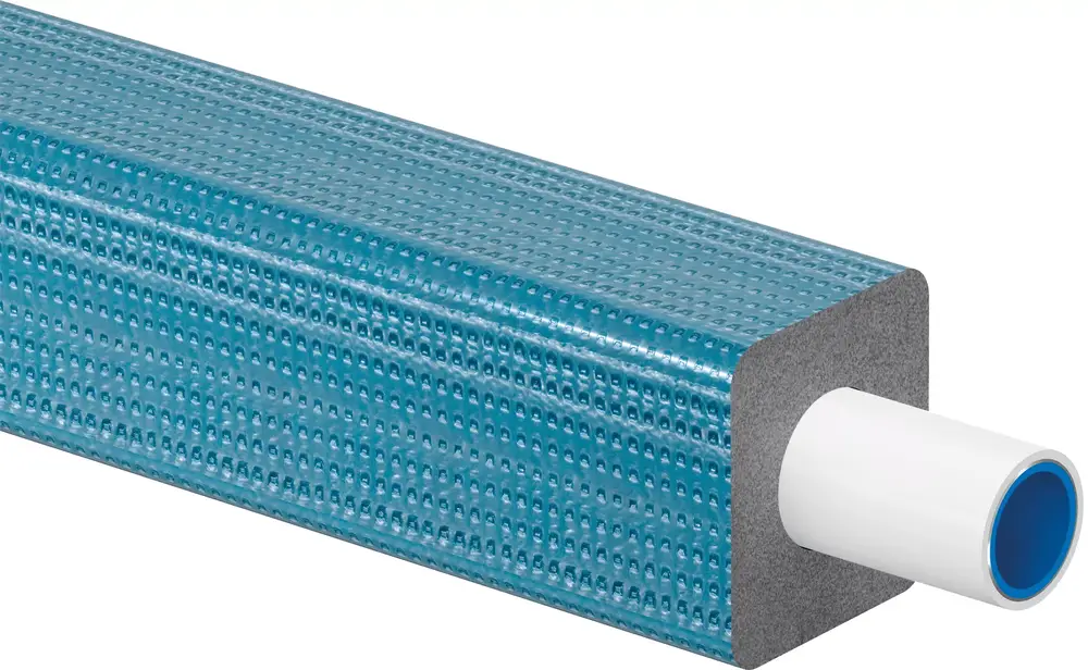 Weißes, vorisoliertes Rohr mit blauer Umhüllung und grauem Innenmaterial, hergestellt von Uponor, zur Verwendung in Heizungs- oder Rohrleitungssystemen.