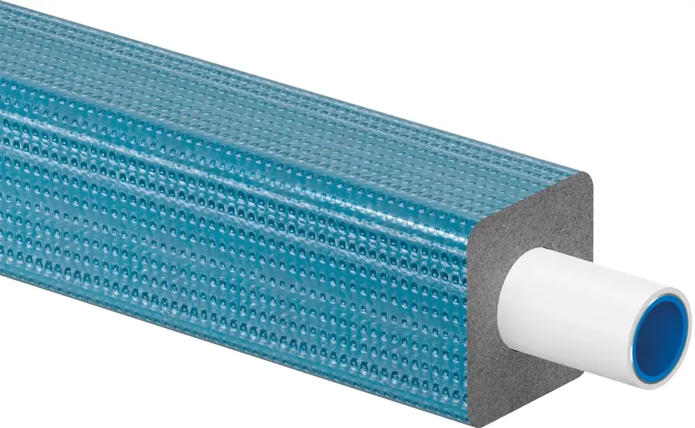 Vorisolierte Rohrleitung von Uponor mit einer blauen, strukturierten Oberfläche und einem weißen Innenrohr. Geeignet für Heizungs- und Sanitärinstallationen.