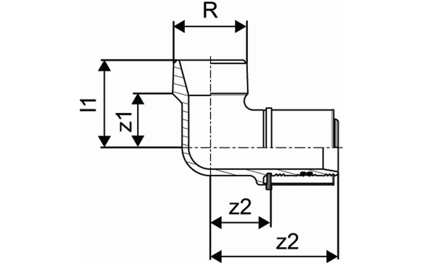Uponor S-Press, Winkelnippel mit angeschlossenem Rohr, zeigt Details wie genormte Anschlussgrößen und Form für die Installation in Rohrleitungssystemen.
