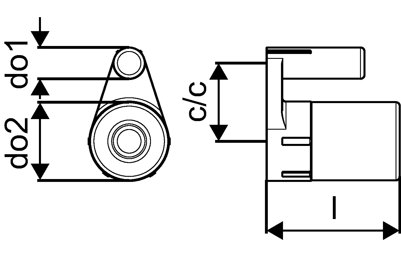 Technisches Zeichnungsdiagramm eines Bauteils von Uponor, mit verschiedenen Abmessungen (do1, do2, c/c, l) zur Veranschaulichung der Konstruktion und Montage.