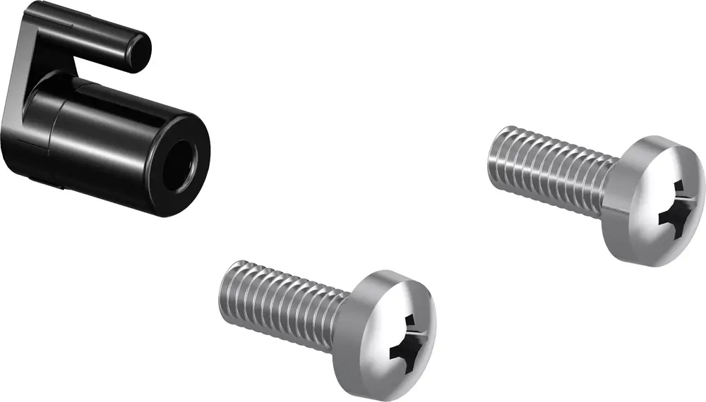 Zwei silberne Schrauben und ein schwarzes Verbindungselement, das zur Installation von Uponor-Produkten vorgesehen ist.