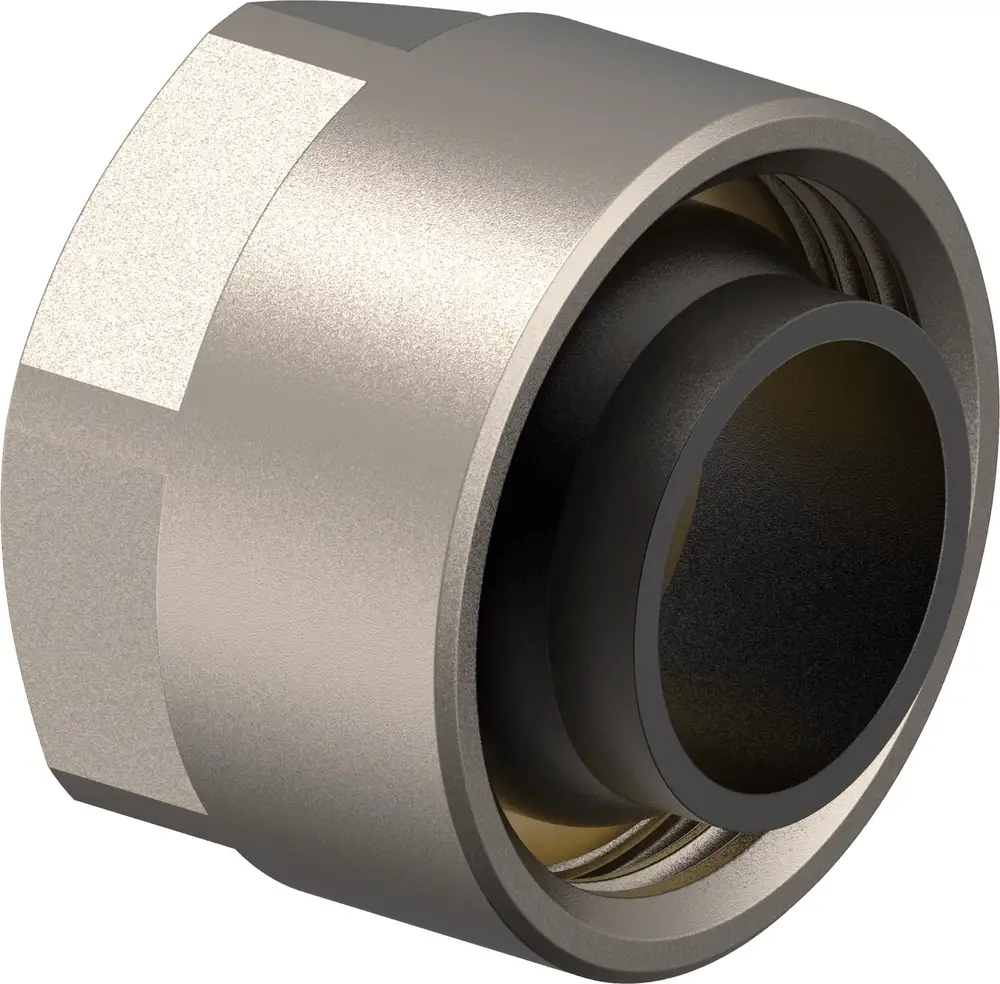 Klemmverschraubung aus Metall mit innerem Gewinde, hergestellt von Uponor. Geeignet für Rohrverbindungen in Sanitär- und Heizungsanwendungen.