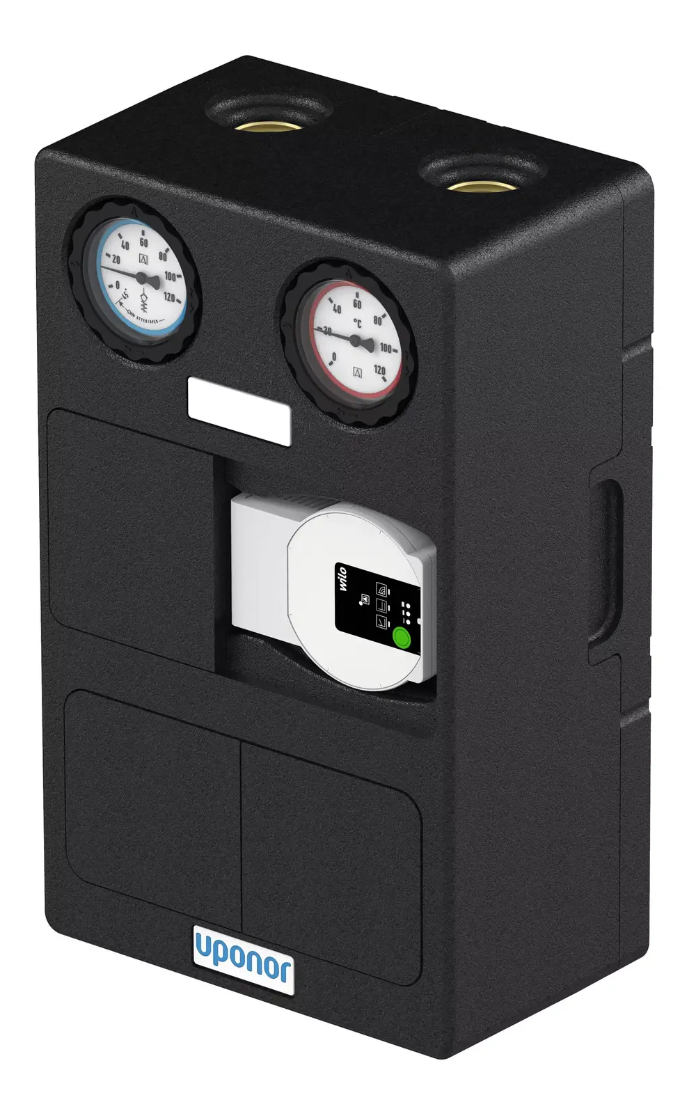 Schwarze Pumpenstation von Uponor mit Messgeräten für Druck und Temperatur sowie einer integrierten Pumpe, ausgestattet mit einer Kontrollanzeige.