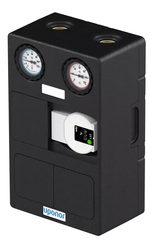 Schwarze Pumpenstation von Uponor mit Messgeräten für Druck und Temperatur sowie einer integrierten Pumpe, ausgestattet mit einer Kontrollanzeige.