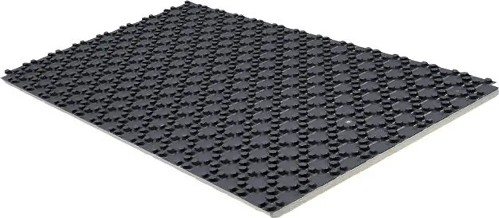 Schwarze Noppenplatte mit strukturiertem Oberflächenmuster, geeignet für Anwendungen im Bauwesen, hergestellt von Uponor.