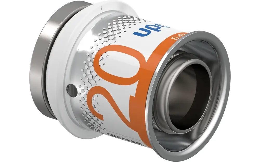 Uponor S-Press PLUS Endstück in einer metallischen Ausführung mit einer durchsichtigen Kappe und einem Loch, das eine Verbindung zu einem Rohr ermöglichen kann.