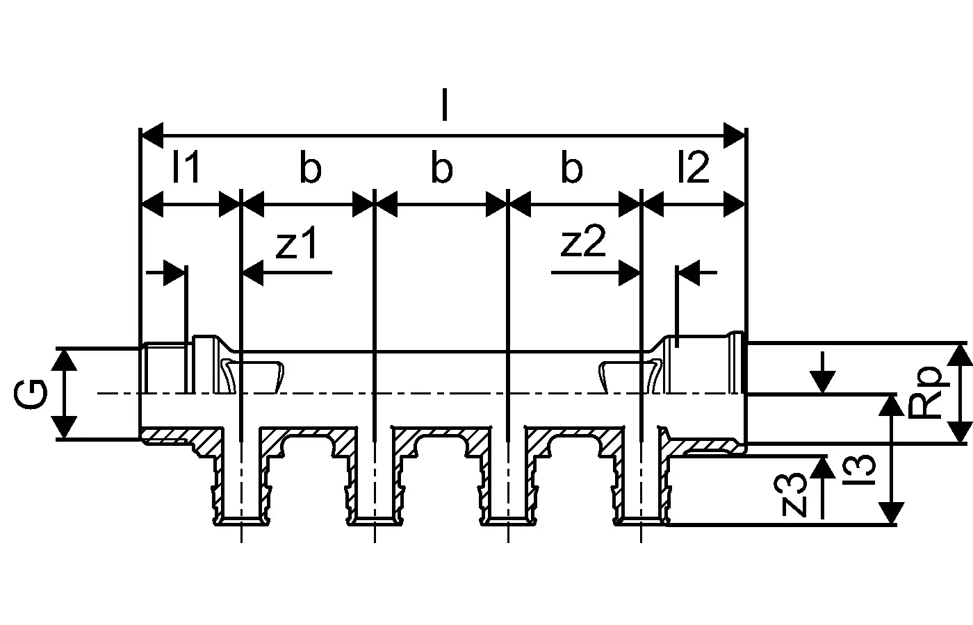 Uponor Verteiler mit mehreren Ausgängen, Rohranschlüssen und verschiedenen Abmessungen, dargestellt in einer technischen Zeichnung zur Veranschaulichung der Struktur.