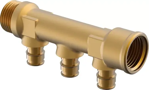 Verteiler aus Messing mit mehreren Anschlüssen, hergestellt von Uponor, zur Verbindung von Rohren. Geeignet für die Installation in Heizungs- oder Wasserversorgungssystemen.