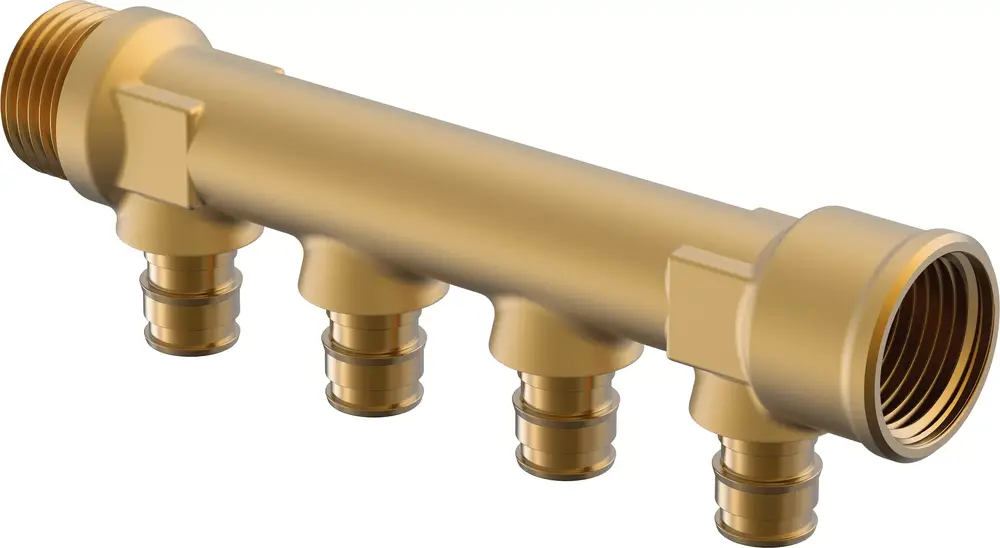 Messingverteilersystem von Uponor mit mehreren Anschlüssen, verwendet für die Verteilung von Wasser in Heizungs- oder Rohrleitungssystemen.