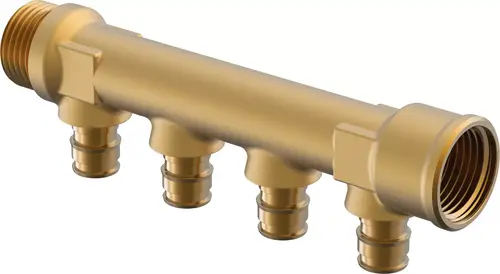 Messingverteilersystem von Uponor mit mehreren Anschlüssen, verwendet für die Verteilung von Wasser in Heizungs- oder Rohrleitungssystemen.
