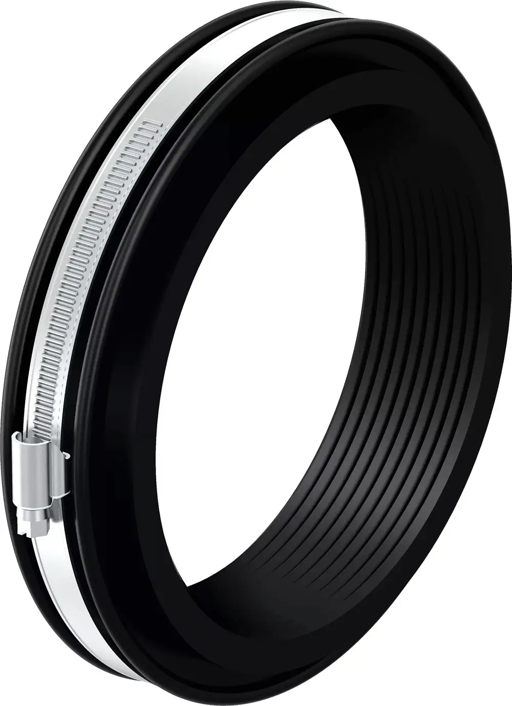 Schwarze Dichtung mit einer silbernen Klemme, verwendet für Rohrverbindungen. Produkt von Uponor, geeignet für Anwendungen in der Bau- und Haustechnik.