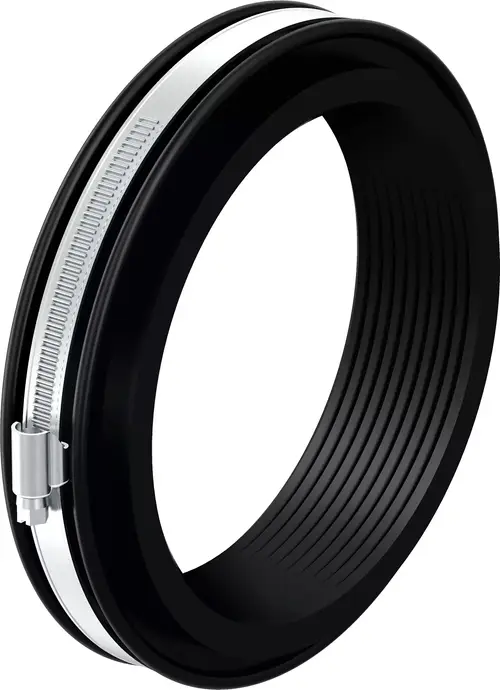 Schwarze Dichtung mit einer silbernen Klemme, verwendet für Rohrverbindungen. Produkt von Uponor, geeignet für Anwendungen in der Bau- und Haustechnik.