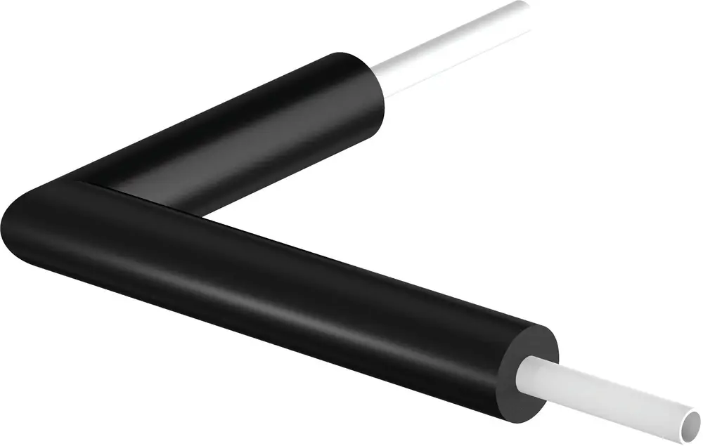Schwarzer Bogen aus flexiblem Material mit zwei weißen Rohren, geeignet für Hauseinführungen, hergestellt von Uponor.