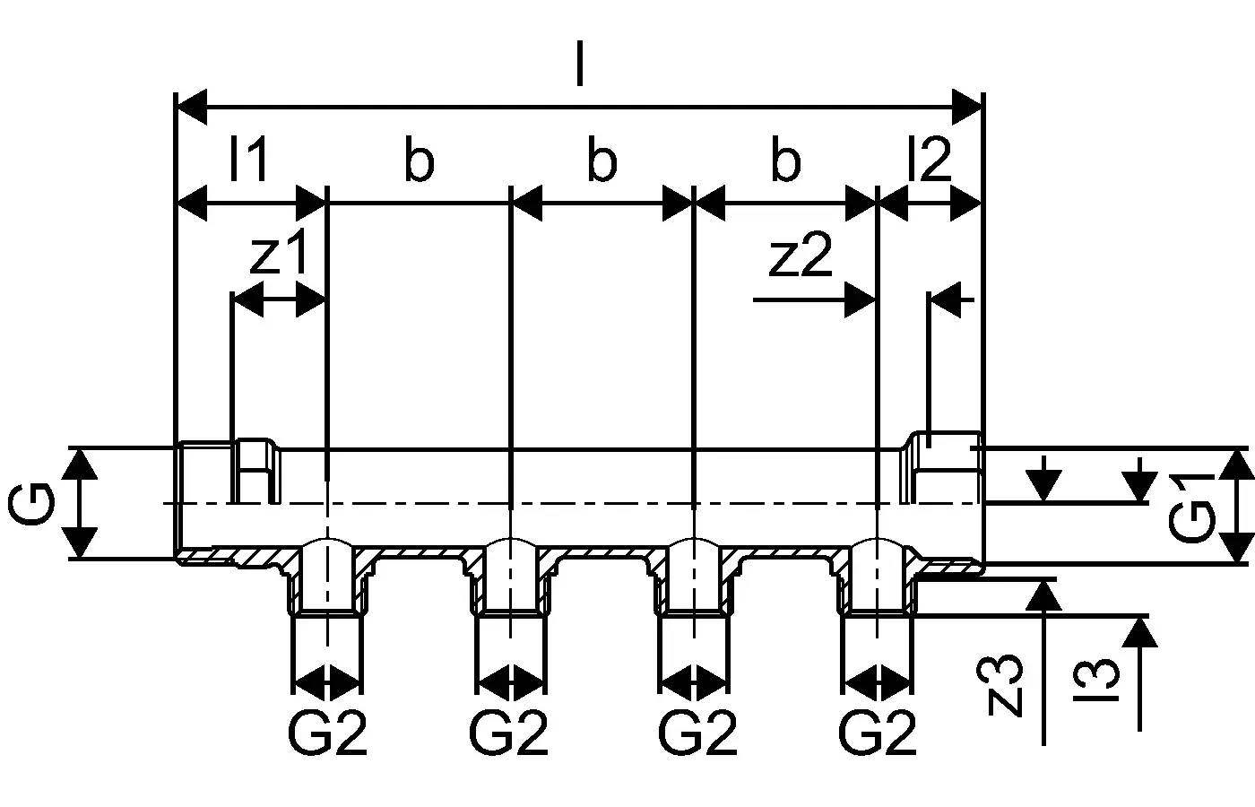 Uponor Verteiler mit mehreren Anschlüssen, skizziert in technischer Zeichnung. Details zu Abmessungen und Anschlussmöglichkeiten sind klar dargestellt.