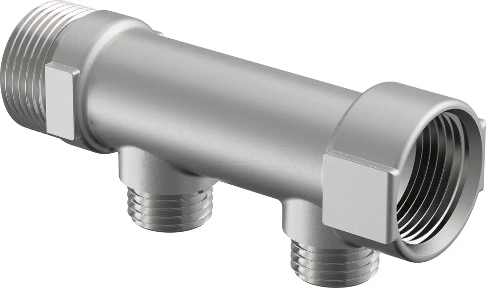 Verteiler von Uponor mit mehreren Anschlüssen, aus Metall, für die Verbindung von Rohren. Entwurf für spezifische Anwendungen in der Haustechnik.