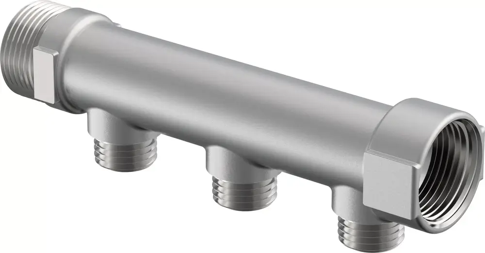 Verteiler aus Metall mit mehreren Anschlussgewinden, hergestellt von Uponor. Er dient zur Verbindung von Rohrleitungen in Heizungs- oder Wassersystemen.