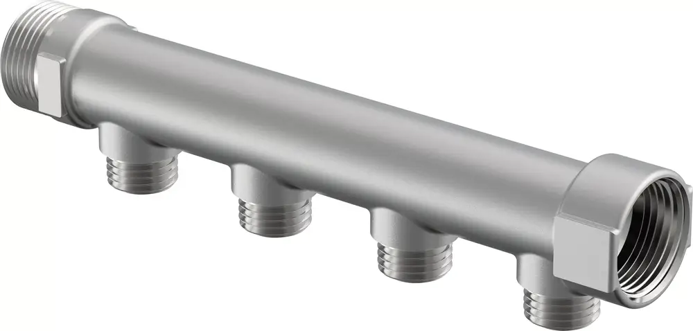 Verteilerblock aus Metall mit mehreren Anschlüssen, hergestellt von Uponor, zur Verteilung von Flüssigkeiten in Rohrleitungssystemen.
