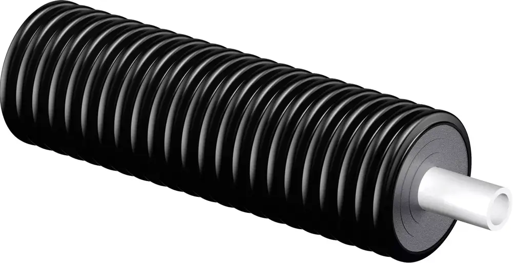 Schwarzes, gerilltes Rohr mit einem weißen Verbindungselement, hergestellt von Uponor. Das Produkt zeigt eine gerade, zylindrische Form ohne erkennbare Maße.