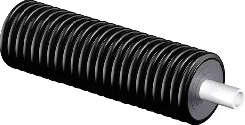 Schwarzes, gerilltes Rohr mit einem weißen Verbindungselement, hergestellt von Uponor. Das Produkt zeigt eine gerade, zylindrische Form ohne erkennbare Maße.