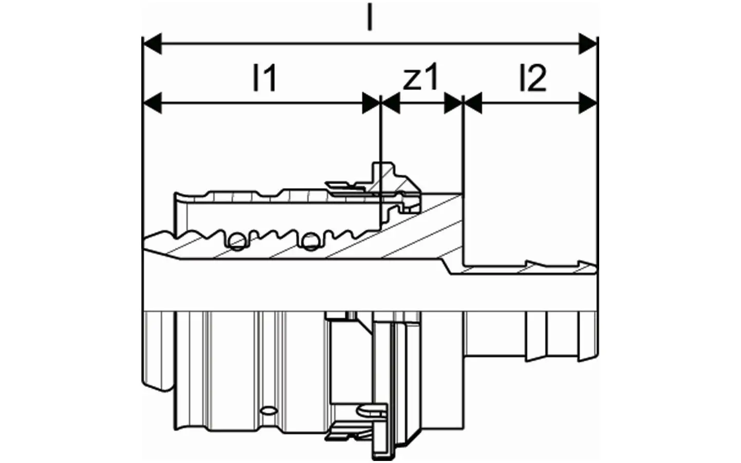 Schemazeichnung eines Übergangselements von Uponor mit Maßangaben. Details sind deutlich erkennbar, einschließlich Anschlüsse und Dimensionen in der Seitenansicht.