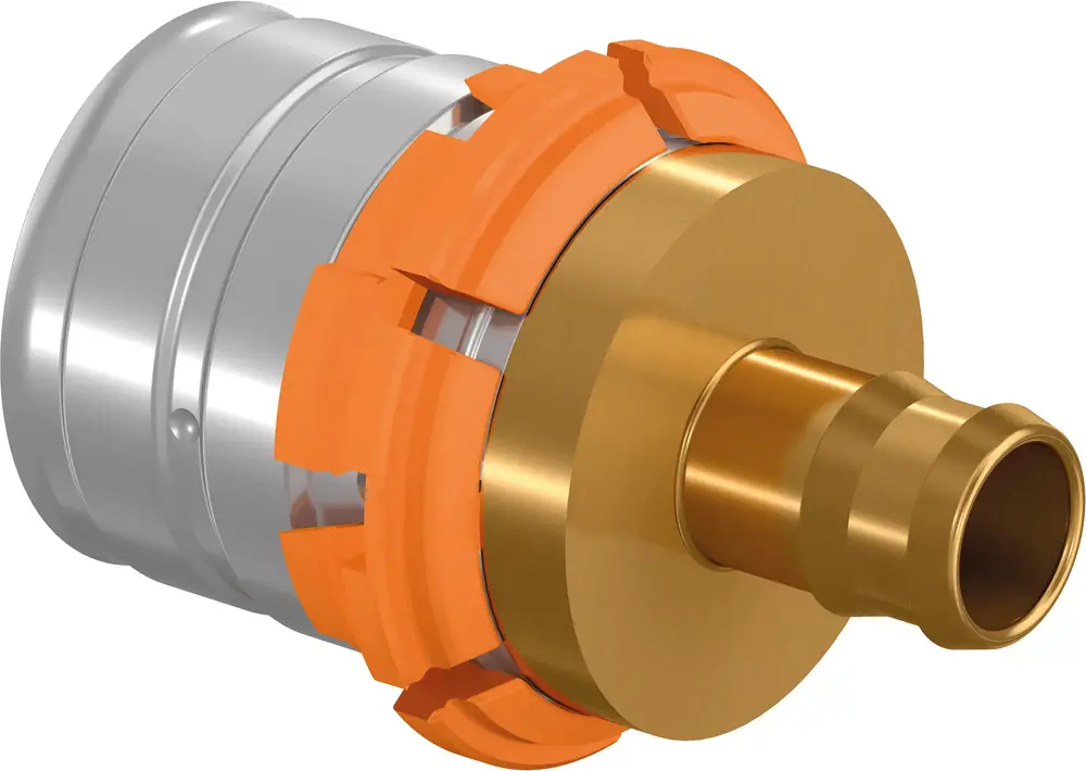 Q&E Übergang von Uponor mit orangefarbener Verriegelung und metallischer Verbindung. Der Anschluss ist zylindrisch und für S-Press Systeme konzipiert.