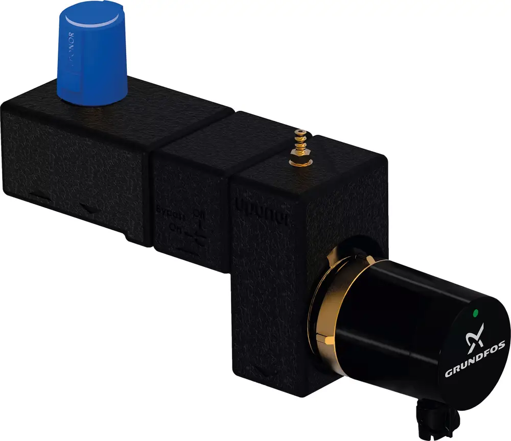 Schwarz-graue Pumpengruppe mit blauer Drehknopf und goldener Verbindung, beschriftet mit Uponor. Möglicherweise für Heizungs- oder Pumpenanwendungen konzipiert.