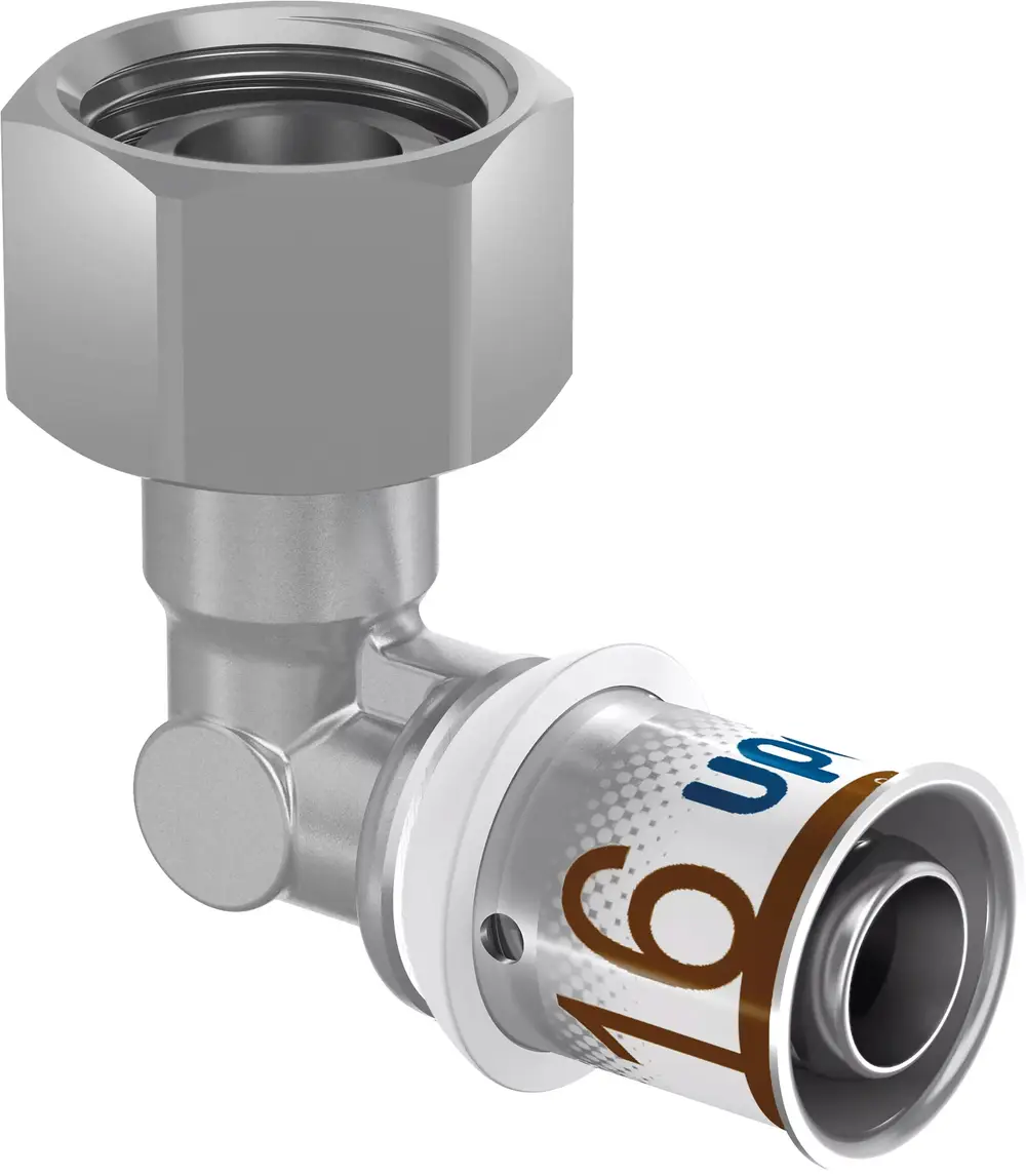Eckverschraubung aus Metall mit einer Verbindung für flexible Rohre. Logo sichtbar mit der Bezeichnung „Uponor“. Ideal für Sanitärinstallationen.