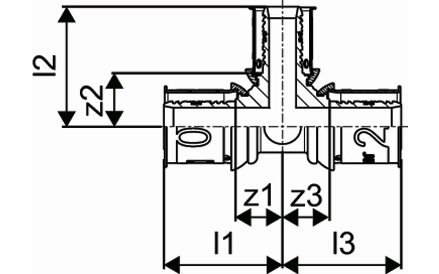 Uponor T-Stück mit drei Anschlüssen, geeignet für Rohrverbindungen. Technische Zeichnung mit Abmessungen und Detailansichten.